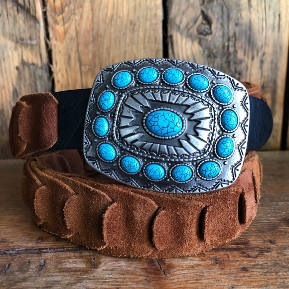 Accessories - Turquoise suede brown western belt silver Boho